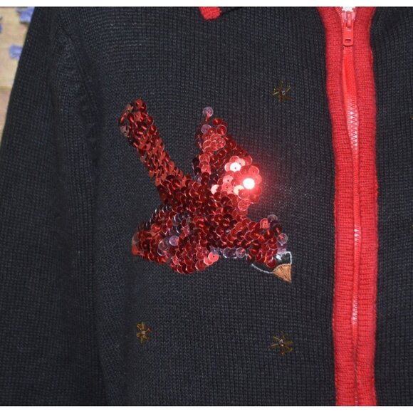 Jason Maxwell M Black Full Zip Christmas Cardigan Sweater Sequin Cardinal Birds - Picture 5 of 10